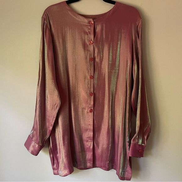 Avon L Blouse Pink Two Tone Dhoop Chao Shimmer Long Sleeve Button Collarless - Picture 8 of 12